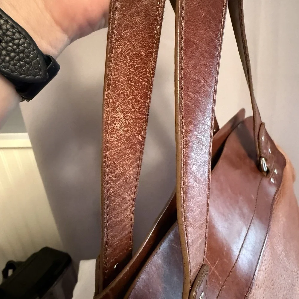 Orla Kiely Vintage Leather Shoulder Top Handle Bag Purse Brown Floral Detail